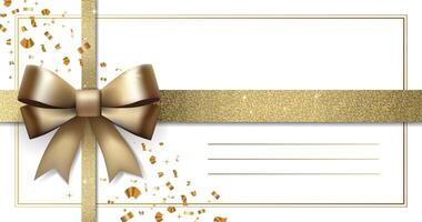 White background with gold bow. Empty gift voucher with place for text. Elegant template for card, coupon, certificate. vector