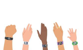 Hands of different skin colors with smart watches of different types and shapes. vector