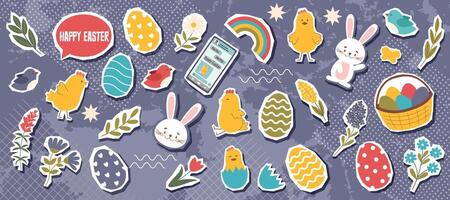 Set of Easter objects stickers. Easter trendy collection. vector