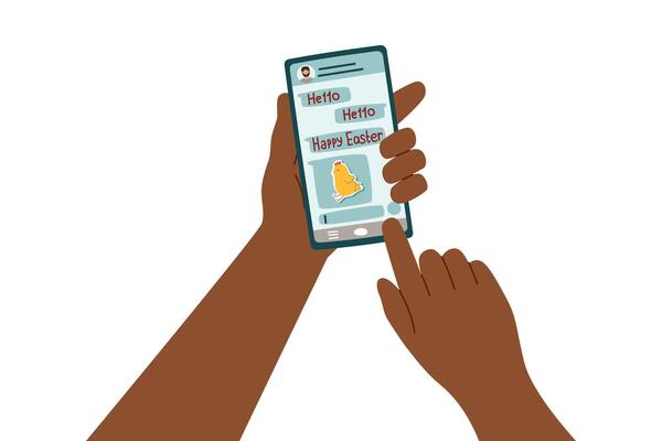 Easter clipart. Human hands holding the phone with text message Easter greeting.