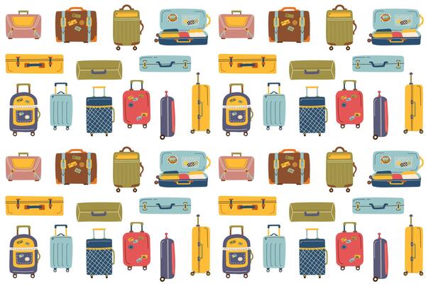 Travel seamless pattern of suitcases on white background in flat style. Concept of travel, vacation, business trip.