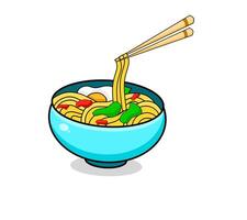 illustration graphic of cartoon bowl of noodles with egg and vegetables and chopsticks suitable for breakfast design vector