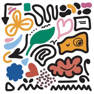 Naive cute abstract shapes sticker pack. Fun funky flowers, bubbles, stars, circles, eyes typography in trendy style