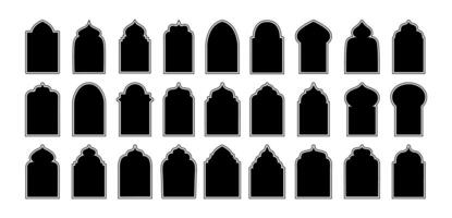 Arabic frame. Islamic arches, doors and windows. Arabian architecture elements. Geometric patterns, arabesque designs. Oriental Ramadan Mubarak border frames. set vector