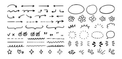 Line hand drawn elements. Doodle scribble. Sketch outline shapes, signs, effects. Simple handwriting objects. Pencil curved strokes icons. Marker kids doodles set vector