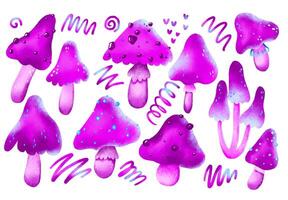 Magic neon mushrooms. Fly agaric and decorative elements vector