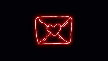 Neon sticker of a red heart in an envelope. Alpha channel transparency. video