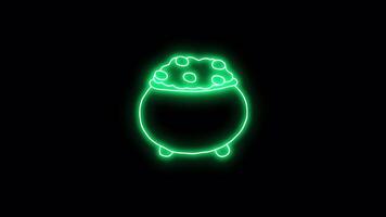 Neon sticker of green pot of gold. Alpha channel transparency. Happy St. Patricks day video