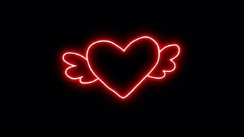 Neon sticker of a red heart with wings. Alpha channel transparency. video