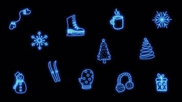 Neon sticker pack with a doodle winter. Alpha channel transparency. video