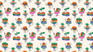 Cute happy funny rainbow fruits. Loop Background. Sketch effect video