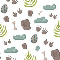 Dinosaur seamless pattern tracks. Minimal color background with paw, stones, rainbow. Dinosaur footprint seamless pattern perfect for textile, wrap and wallpaper and design. vector