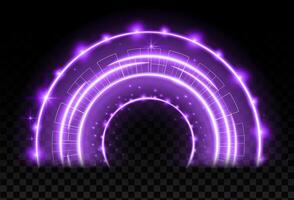 Purple magic arc. Abstract magic light effect. Luminous neon arch lines with flying lights. vector