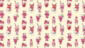 Cute happy funny milkshakes with kawaii eyes. Loop Background. Sketch effect video