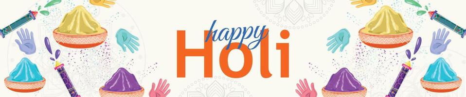 Festive Holi celebration banner featuring vibrant powder bowls, colorful hands, Pichkari splashes, and mandalas vector