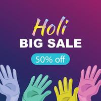 Square Holi sale banner featuring vibrant hands on a colorful gradient background vector