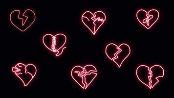 Neon stickers pack with a broken heart. Alpha channel transparency video