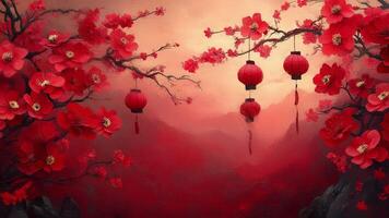 Red lanterns hanging from a tree with flowers. Chinese New Year celebrations. Sketch effect. Loop video