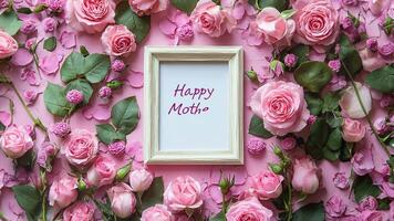 Soft pink background adorned with pink flowers and fresh green leaves, displaying the words Happy Mother's Day video