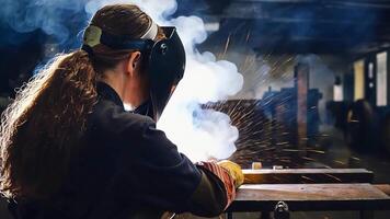 Dramatic woman welder working in workshop, flashing light from welding and splashing fire with moving smoke. video