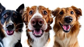 três fofa cachorros agindo gostar feliz e pulando com uma selfie Câmera Visão em branco fundo. video
