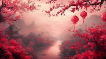 Red lanterns hanging from a flower-adorned tree, symbolizing Chinese New Year celebrations, illustrated in a sketch style with a looping animation effect. video