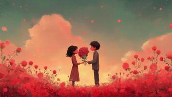 un Pareja es en pie en un campo de rojo flores bosquejo efecto. lazo video