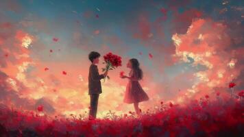 A couple standing in a field of red flowers, depicted in a sketch style with a looping animation effect. video