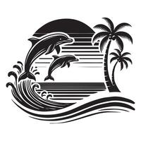 Ocean Beach Scene Illustration with Lush Palm Trees and Sunset vector