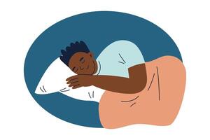 illustration of person peacefully sleeping with pillow and blanket at night. Flat cartoon style, warm and cozy design perfect for themes of rest, comfort, health, and bedtime routines vector