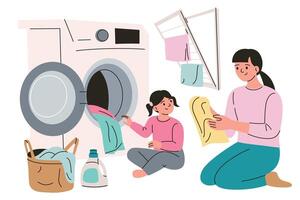 illustration of family laundry routine with mother and daughter, washing machine, detergent, and drying rack. Flat cartoon style, colorful modern design for household and parenting themes vector