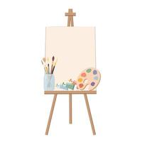 Painting easel with palette, paints, brushes and canvas. Flat illustration vector