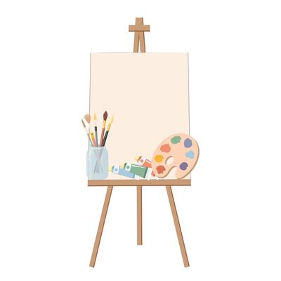 Painting easel with palette, paints, brushes and canvas. Flat illustration