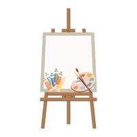 Easel with palette, paints, brushes and canvas. Art studio design. Flat illustration vector
