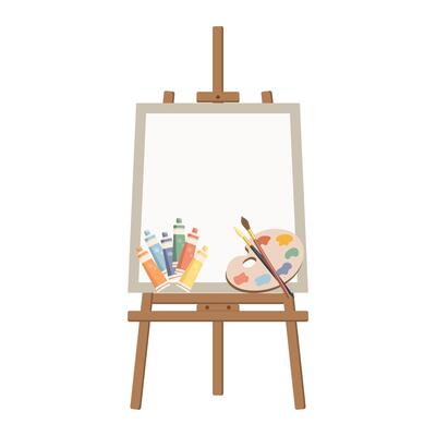 Easel with palette, paints, brushes and canvas. Art studio design. Flat illustration
