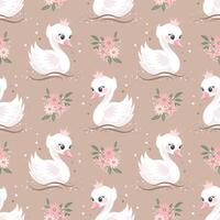 Seamless pattern with little swans and flowers on a beige background. Cute background for decorating a nursery bedroom. Print vector