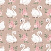 Seamless pattern with swans and flowers on a beige background. Cute background for decorating a nursery bedroom. Print vector