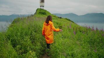 Walk To Lighthouse, Back View Of Woman Strolling On Path On Beautiful Hill On Pacific Ocean Coast video