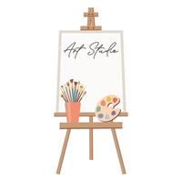Painting easel with palette, paints, brushes and canvas. Art studio design. Flat illustration vector