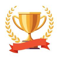 Golden trophy cup icon with laurel wreath and ribbon isolated on white background. Winner symbo vector