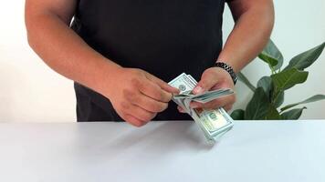 A person counts a stack of cash meticulously, focusing on accuracy and organization. The setting features a clean workspace with a plant in the background, enhancing the atmosphere video