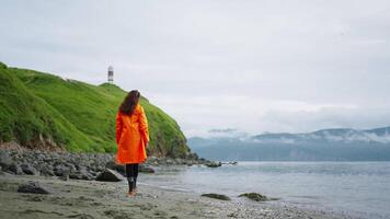 Trip To Ocean Shore, Enjoy Solitude And Unity With Nature, Woman Traveler Walking On Coastline video