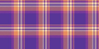 Picnic check textile fabric, suit tartan texture background. Editable seamless plaid pattern in violet and orange colors. vector
