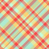 Vibrant diagonal plaid pattern in coral, mint, and golden yellow. Perfect for textile design, fashion, websites, or any project needing a modern, geometric textile background. vector