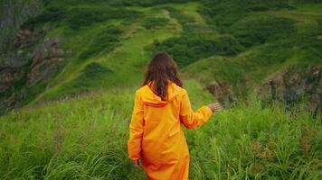 Inspired Woman Traveler Walking Alone In Amazing Beautiful Natural Place, Back View, Backpacking video