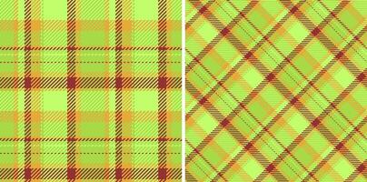 Vibrant lime green, orange, and maroon plaid patterns. Perfect for textile design, fashion, web backgrounds, or any project needing a fresh, stylish texture. Two seamless variations included. vector