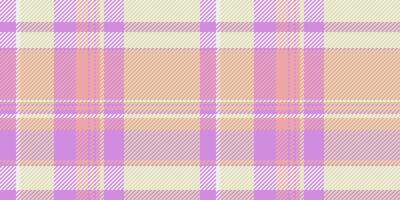 Delightful pastel plaid pattern in soft purple, peach, and cream. Ideal for textile design, fashion, packaging, and website backgrounds. Creates a gentle, feminine, and visually appealing texture. vector
