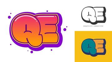 QE logo design for festival or party. Initial letter q and e in graffiti style. Creative modern lettering company name of font typography. Kids trendy logotype or identity. vector