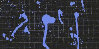 Black textured backdrop with a checkered paper sheet. Bold blue paint splatters, gritty halftone dots and ink stains, grunge design. vector