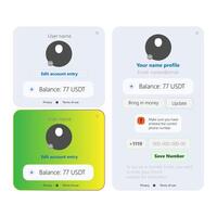 User interface designs for account balance management and profile settings. vector